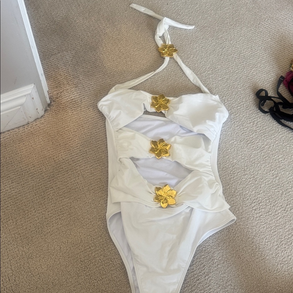 White One-Piece Swimsuit with Gold Flower Accents - Picture 2 of 2
